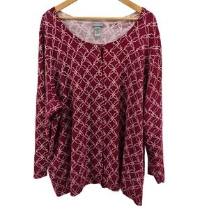 Catherines 3X Cardigan Sweater Wine Red Geometric Lattice Print Button‎ Front